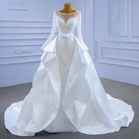 White Elegant Crystal Beads Sequins Luxury Wedding Gown