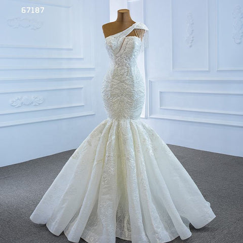 Stunning One Shoulder Crystal Lace Wedding Dress