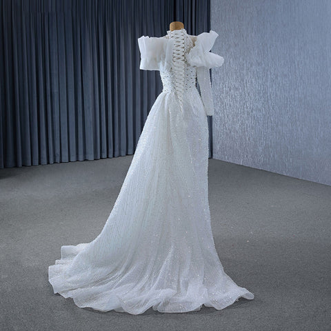 Luxury Asymmetric Pearl studded ruffled neckline Wedding Gown