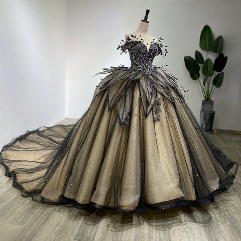 Royal Contemporary Black Bridal Gown with leaf and petal detail