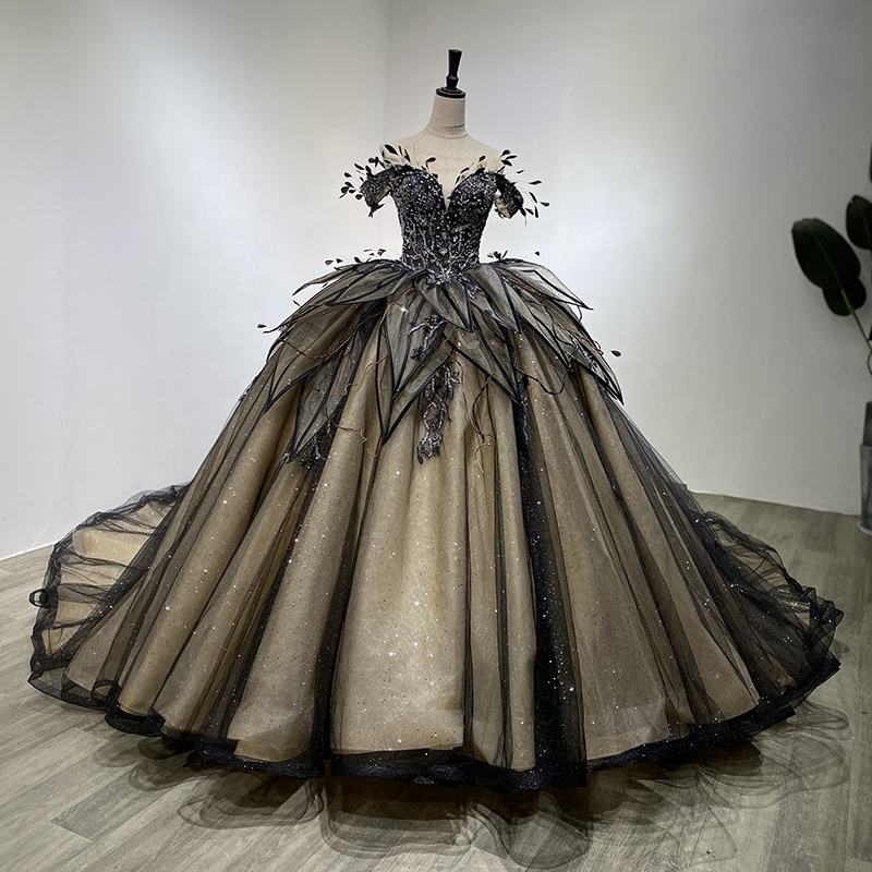 Royal Contemporary Black Bridal Gown with leaf and petal detail