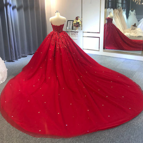 Dazzling Red Sweetheart Neck Diamond Sequin Studded Evening Bridal Gown