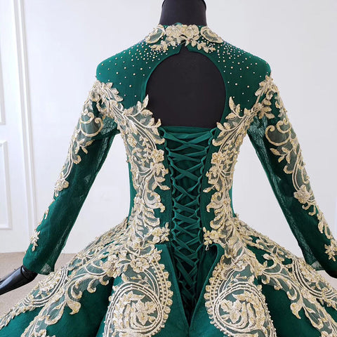 Royal Vintage Style green long sleeve sequin beaded o neck luxury Bridal Gown