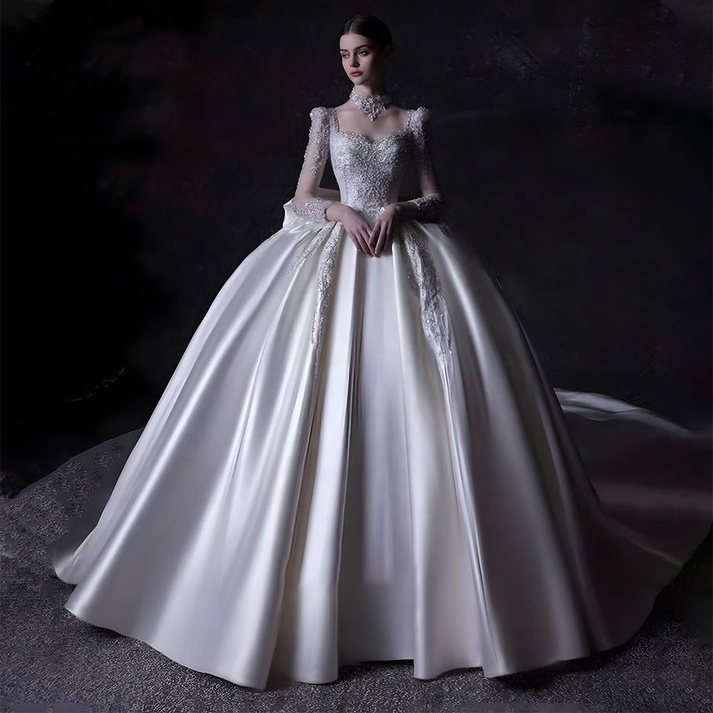 Luxury Boat Neck Sequins Satin Ball Gown Bridal Wedding Dress