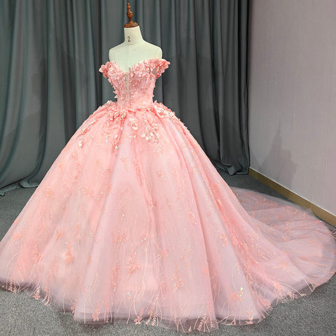 Princess Lace Pink 3D Flowers Bridal Gown