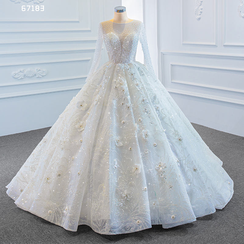 Stunning long sleeve traditional high neck long trail wedding dress