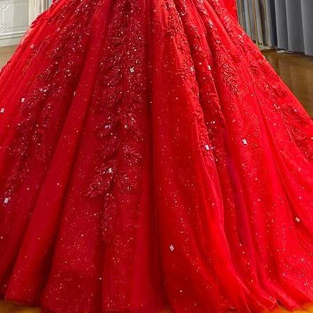 Vintage Red Glitter Long Sleeve Bridal Gown