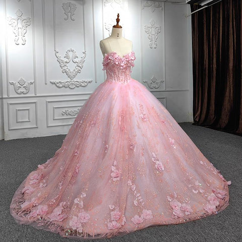 Princess Pink Sweetheart Bridal Gown with 3D Flowers and Pearl Detail