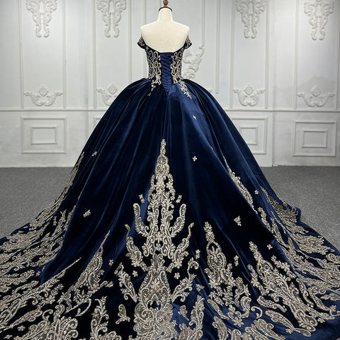 Velvet Royal Style Blue Prom Off Shoulder Bridal Gown