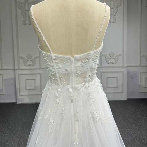 Boho Spaghetti Strap Corset Style Pearl Detail Wedding Gown