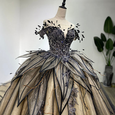 Royal Contemporary Black Bridal Gown with leaf and petal detail