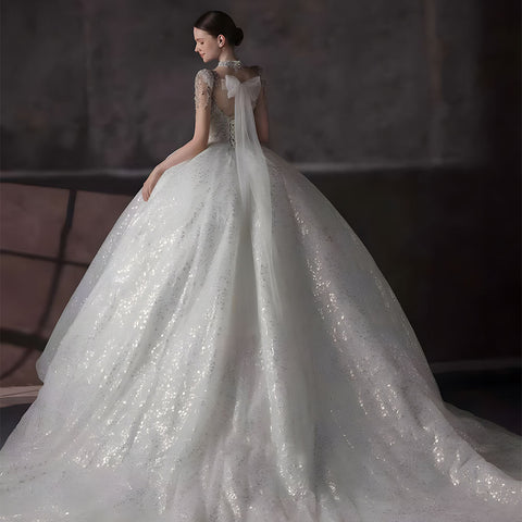 Luxurious Glam Short Sleeve Ball Gown Wedding Dress