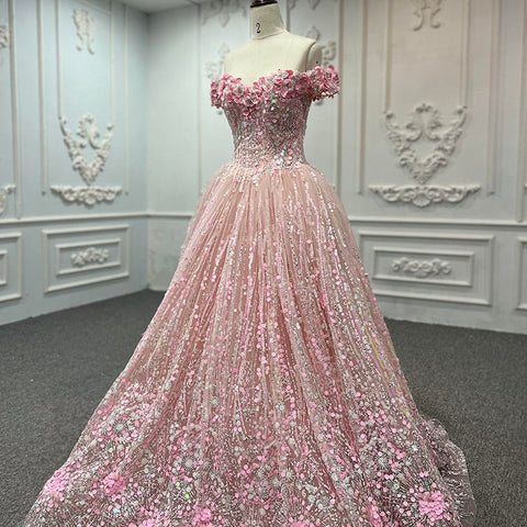 Dazzling Pink Off Shoulder Bridal Gown