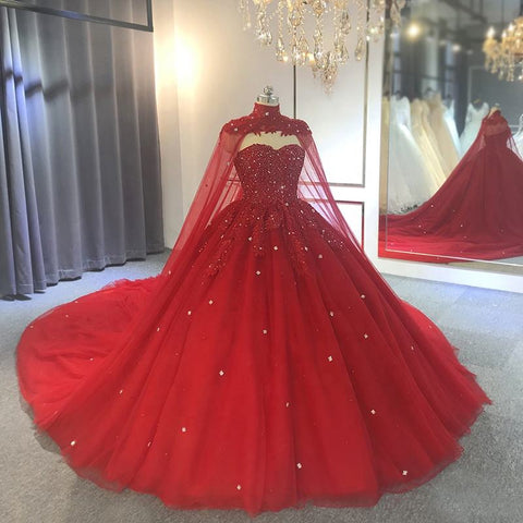 Dazzling Red Sweetheart Neck Diamond Sequin Studded Evening Bridal Gown