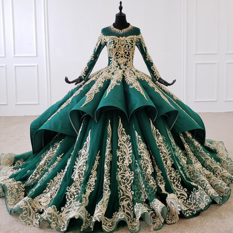 Royal Vintage Style green long sleeve sequin beaded o neck luxury Bridal Gown