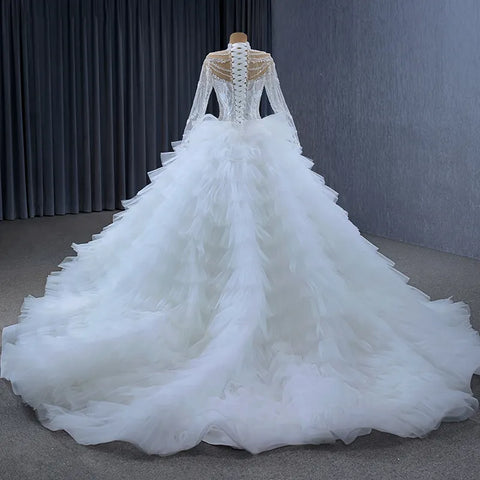 Luxury Ruffle Sequins High Neck Beaded Wedding Ball Gown