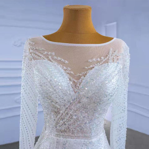 White Elegant Crystal Beads Sequins Luxury Wedding Gown