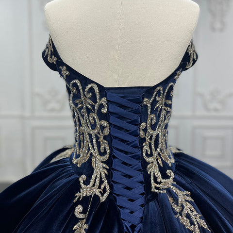 Velvet Royal Style Blue Prom Off Shoulder Bridal Gown