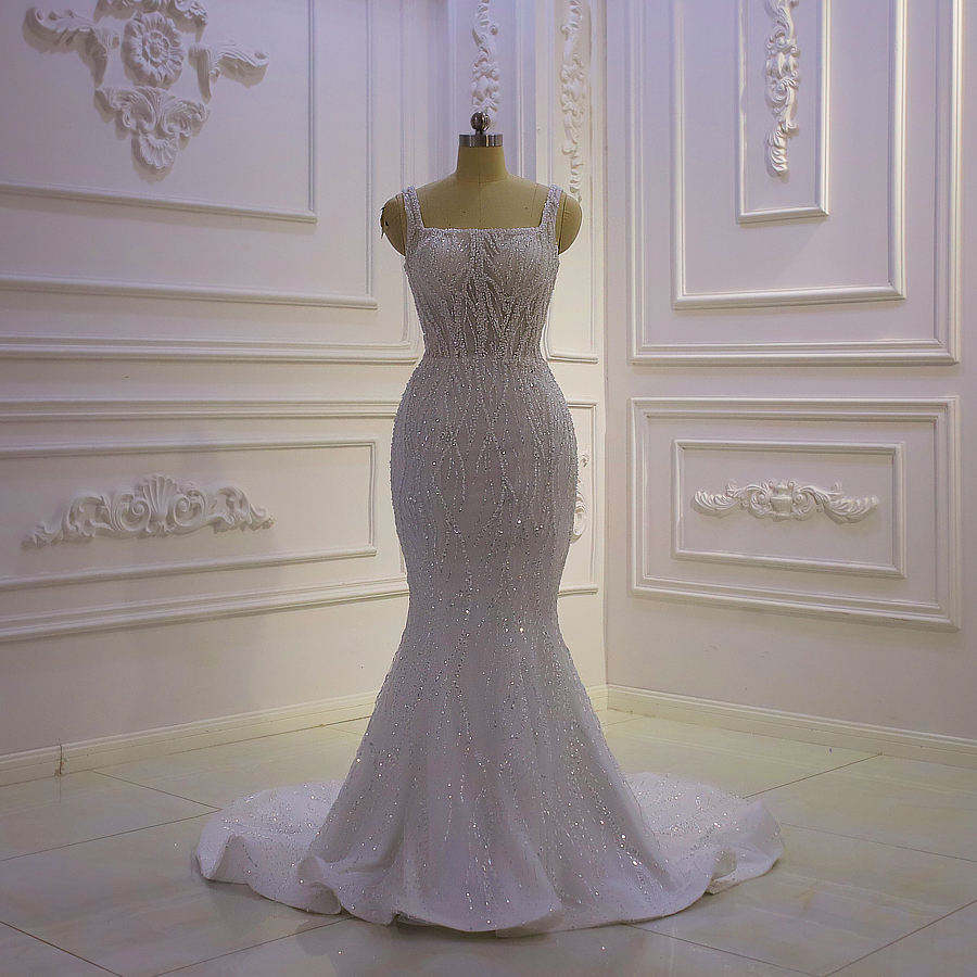 Elegant Beaded Lace Wedding Dress With Detachable Train