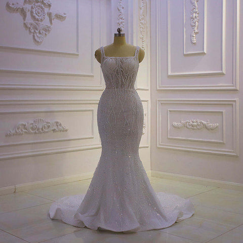 Elegant Mermaid Beaded Wedding Dress With Detachable Train