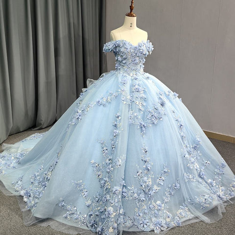 Sweet Baby Blue Appliqued Flower Bridal Gown