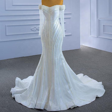 White Elegant Crystal Beads Sequins Luxury Bridal Gown Wedding Dress