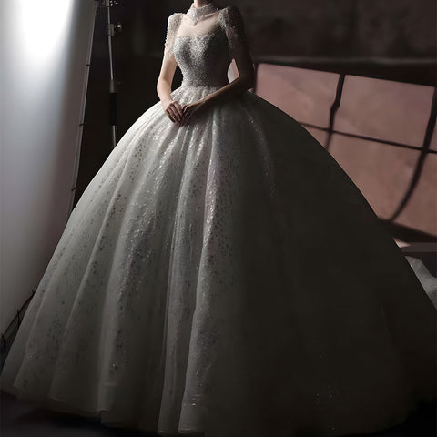 Luxurious Glam Short Sleeve Ball Gown Wedding Dress