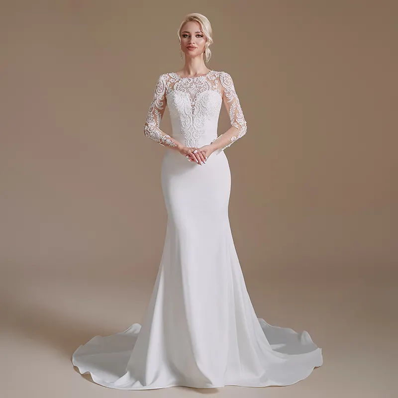 Boho Simple Elegant Lace Long Sleeve Wedding Gown