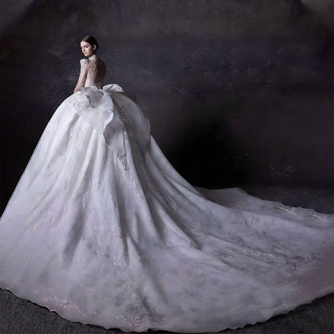 Luxury High Neck Bow Illusion Ball Gown Wedding Dress With Train