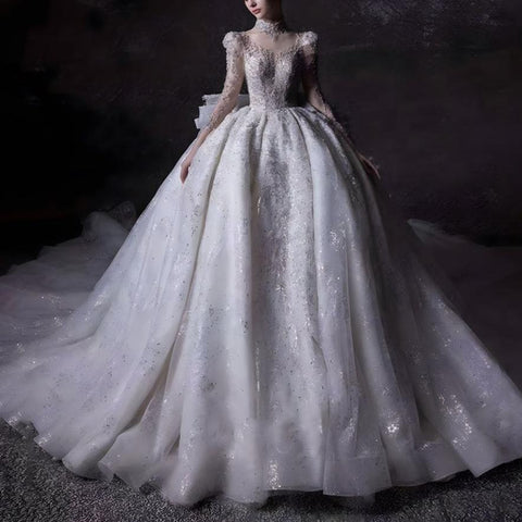 Luxury High Neck Bow Illusion Ball Gown Wedding Dress With Train