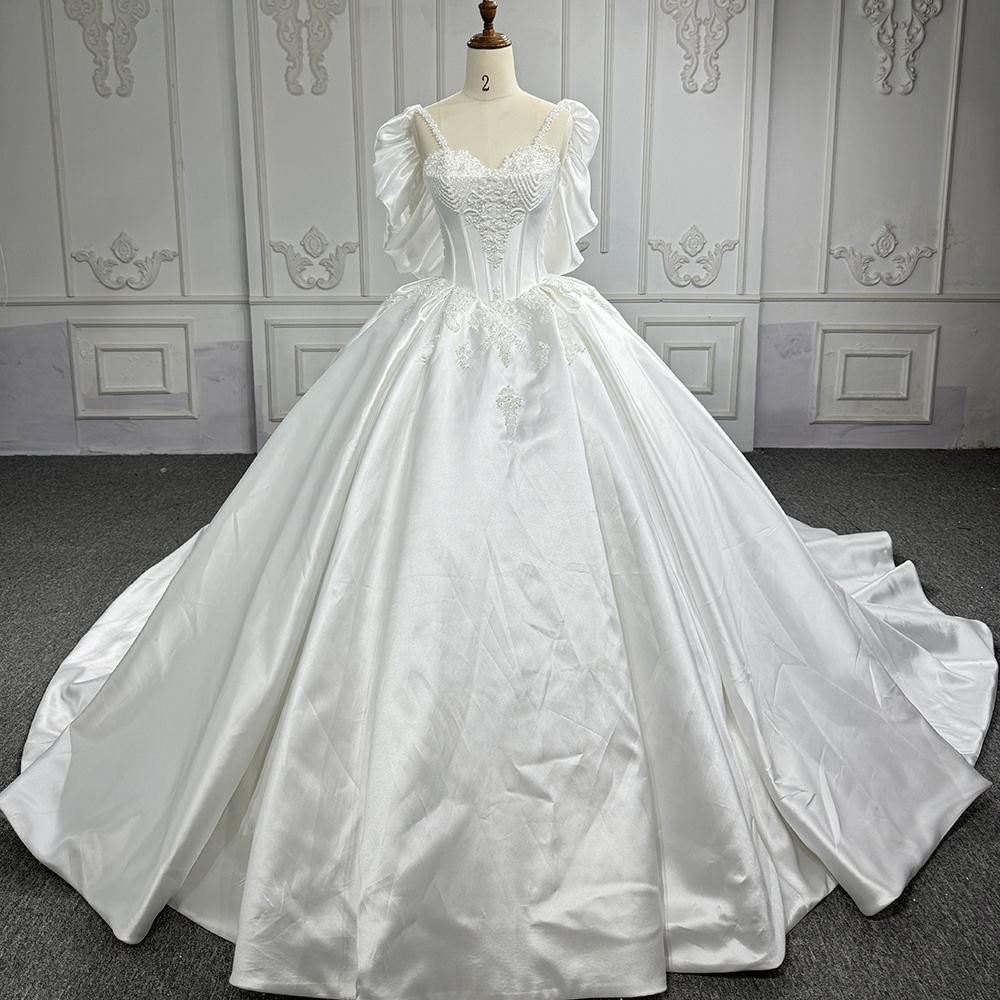 Soft Satin Beaded Ball Gown Wedding Dress With Long Train