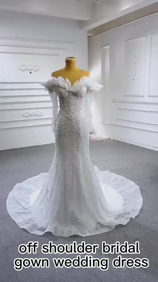 Contemporary Off Shoulder Pearl Studded Mermaid Bridal Gown