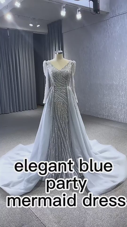 Elegant Luxurious Blue Mermaid V-neck Party Bridal Gown