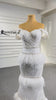 Ivory Off Shoulder Cake Skirt Feather Detail Wedding Dress