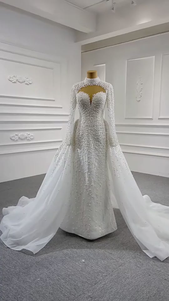 Luxury White High Neck Long Sleeve Mermaid Wedding Dress