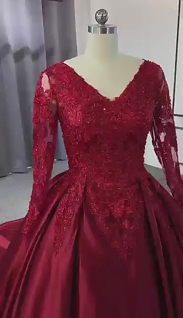 Soft Red Satin V-neck Sequins Appliqued A-line Illusion Bridal Gown