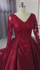 Soft Red Satin V-neck Sequins Appliqued A-line Illusion Bridal Gown