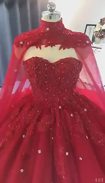 Dazzling Red Sweetheart Neck Diamond Sequin Studded Evening Bridal Gown