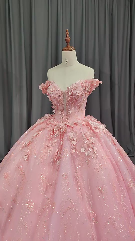 Princess Lace Pink 3D Flowers Bridal Gown