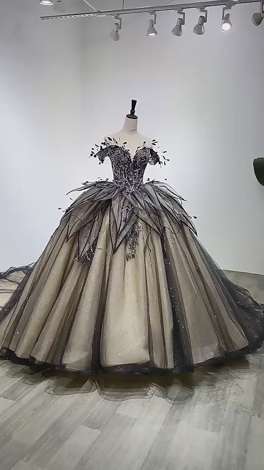 Royal Contemporary Black Bridal Gown with leaf and petal detail