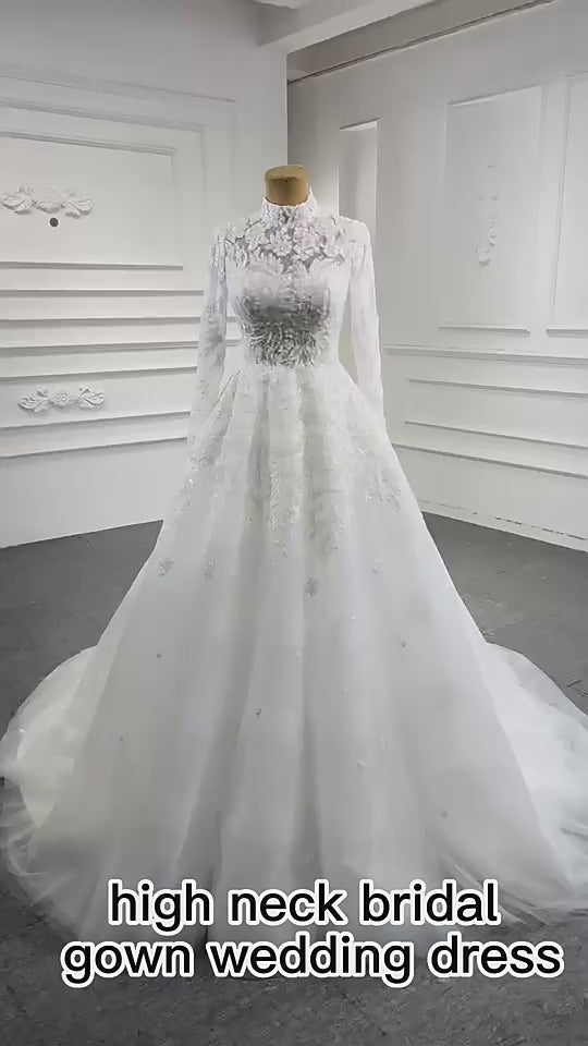 Long Sleeve High Neck Bridal Gown Wedding Dress