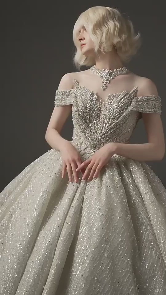 Vintage Pearls Off Shoulder Bridal Wedding Ball Gown